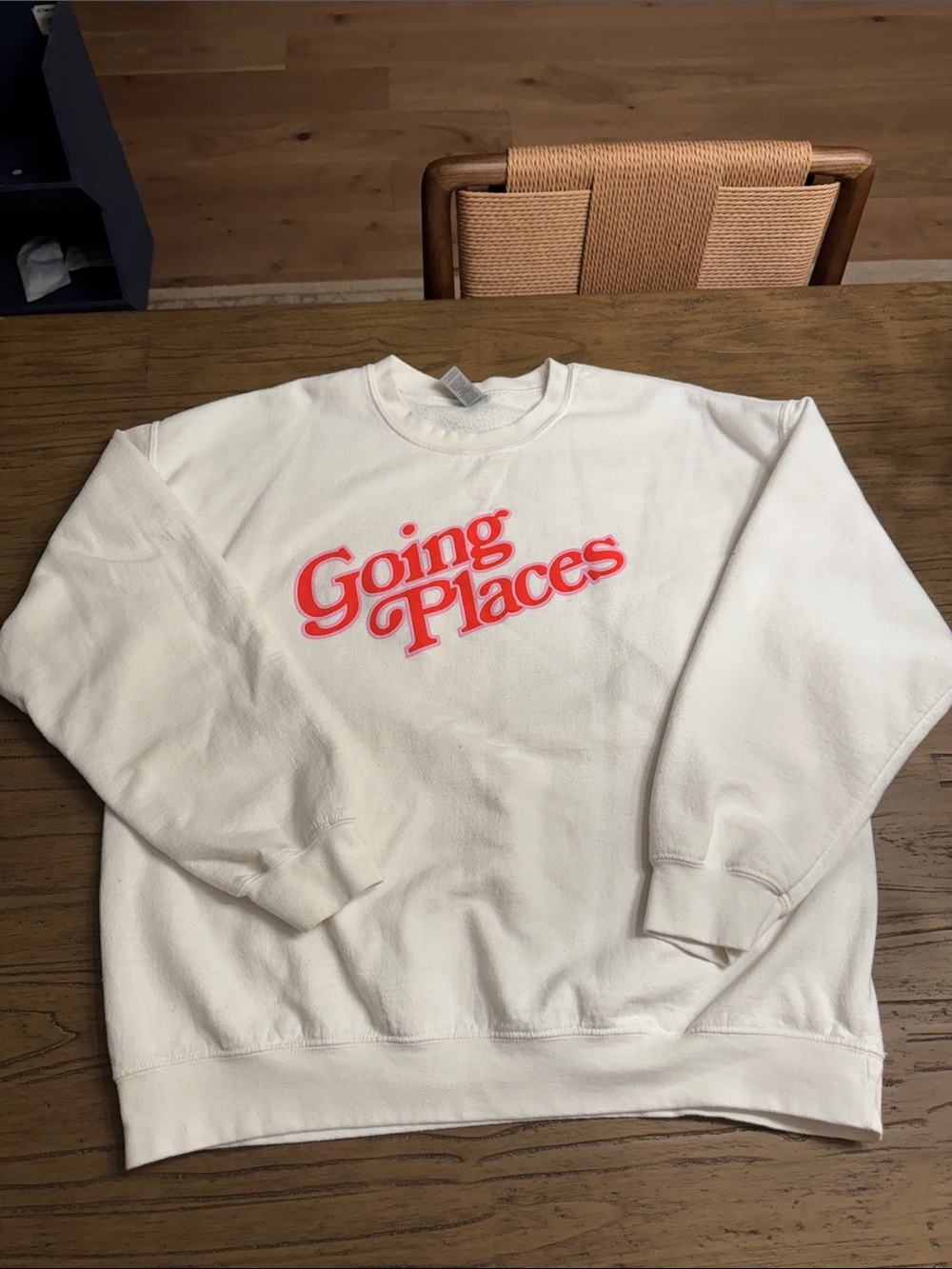 Gildan White Crewneck Sweatshirt with Coral Pink "Going Places" Graphic
